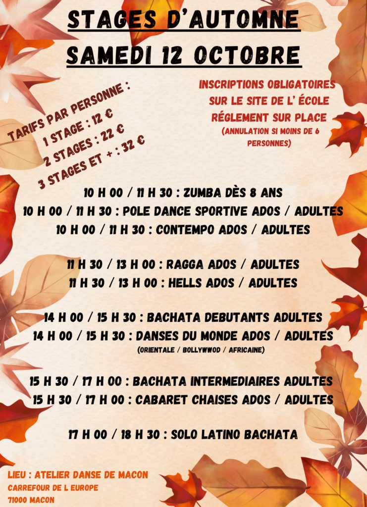 Stage de danse à Mâcon en octobre 2024. Zumba, pole dance, ragga, heels, bachata, danse orientale, danse africaine